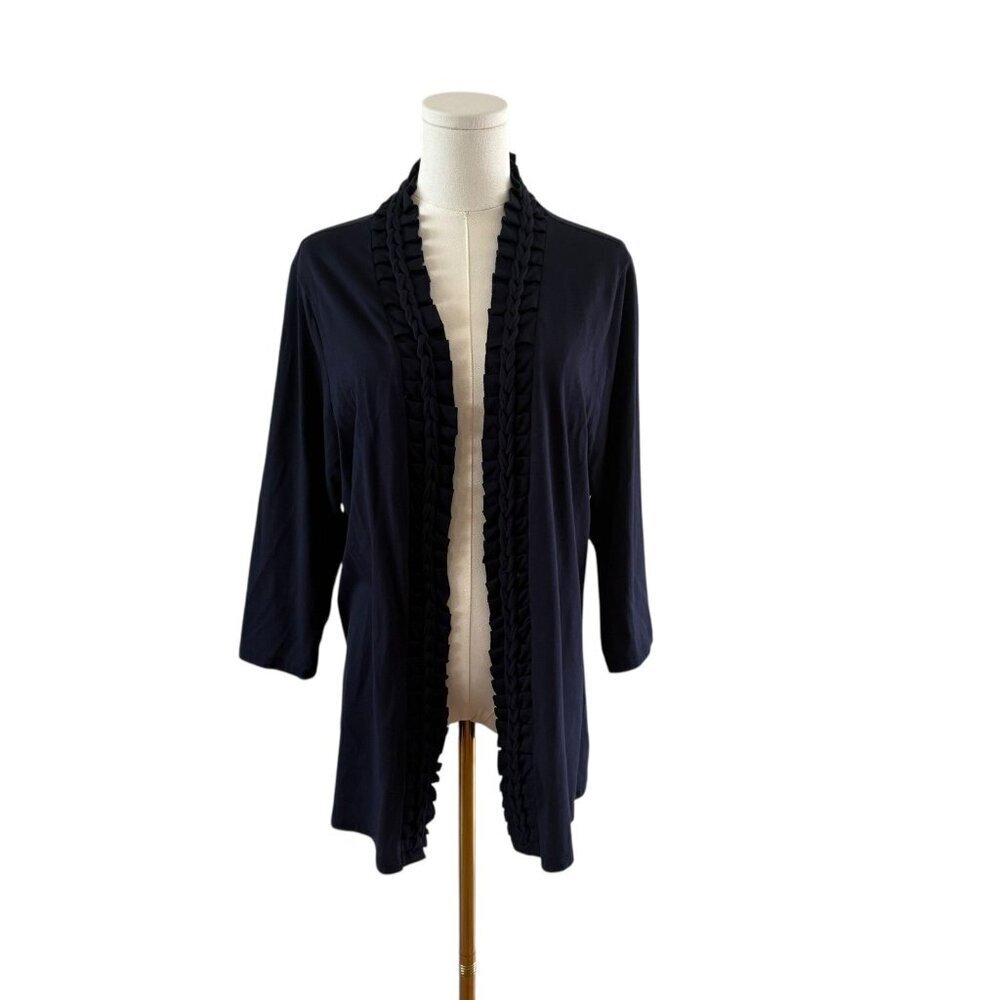 Coldwater Creek Women's XL 16 Navy Blue Cotton Braided Open Front Cardigan Top